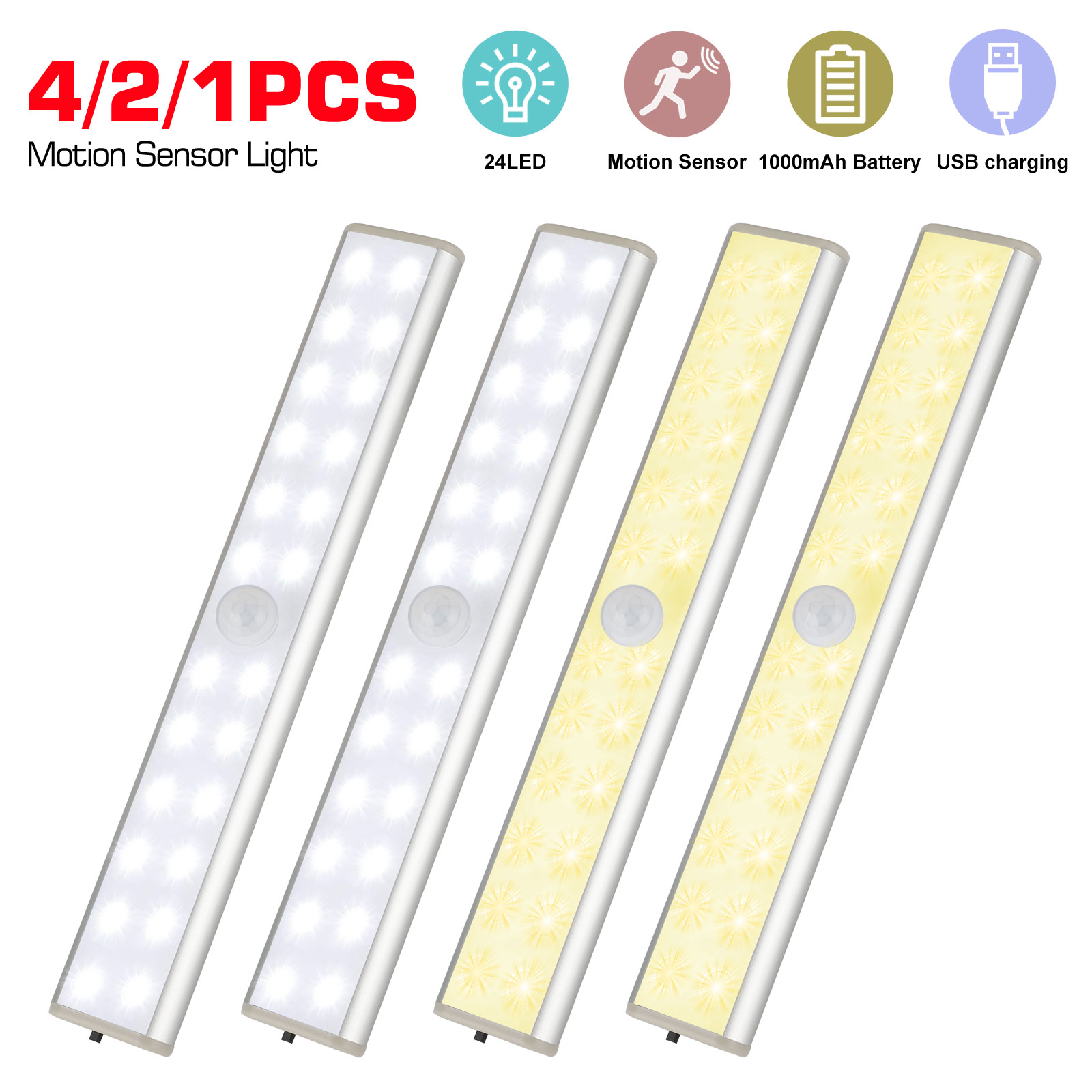 ZHENREN 20 LED Under Cabinet Strip Lights 3 Pack LED Closet Motion Lights with 3 Color Modes Rechargable Stick-on Light Bar for Closet Cabinet Wardrobe Counter Hallway Stairs 