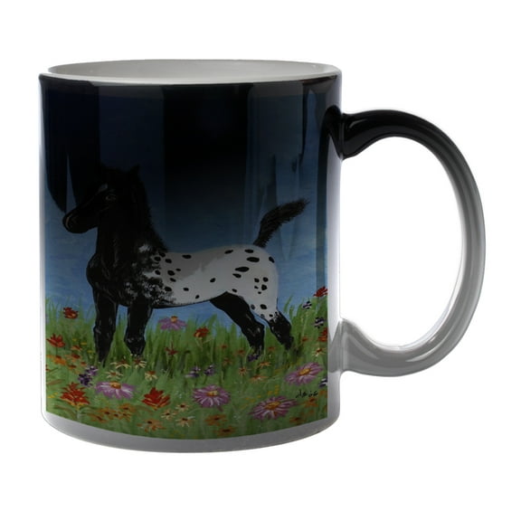 KuzmarK Black Heat Morph Color Changing Coffee Cup Mug 11 Ounce - Black Blanket Appaloosa Foal with Wildflowers Horse Art by Denise Every