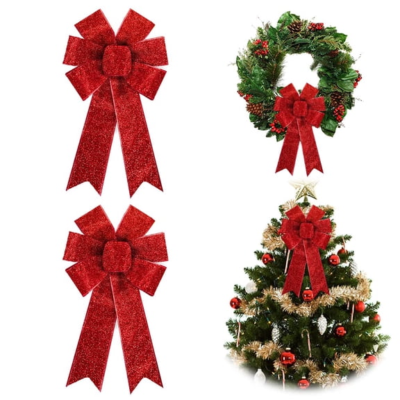 Hying 2 Pcs Christmas Bows for Wreaths,Christmas Red Glittering Wreath Bows for Front Door