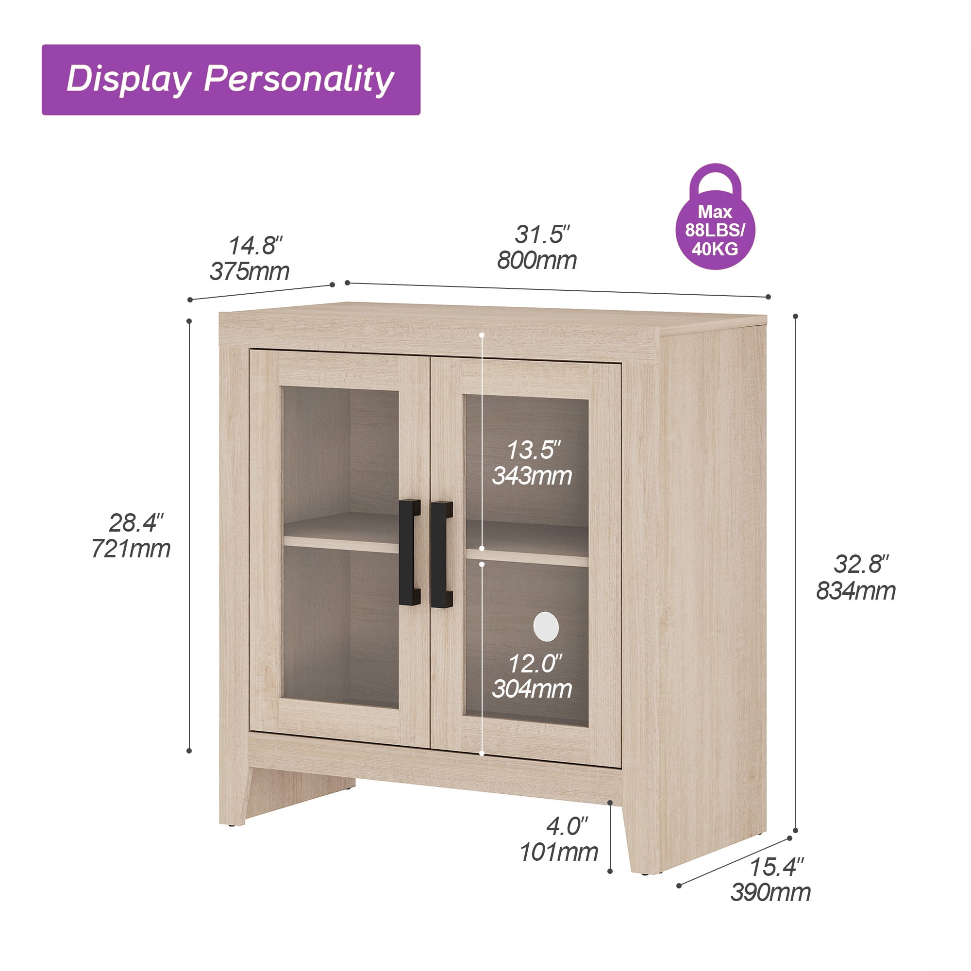 WAMPAT Modern Farmhouse TV Stand up to 40"TV, Entertainment Center with Tempered Glass Doors & Adjustable Shelves, Beige