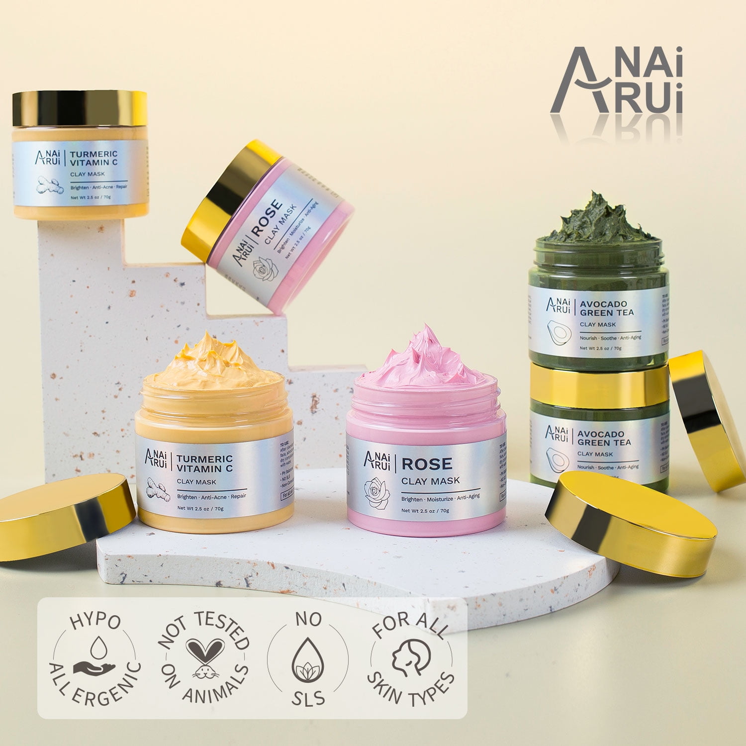 ANAiRUi Turmeric Vitamin C, Rose, Avocado Green Tea Mud Mask Set, 3 Pcs, Deep Cleansing, Dark Spot Purify Pores, SPA Mask