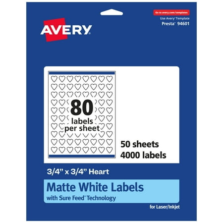UPC: 0194793060102 | Avery Matte White Heart Labels with Sure Feed  .75  x .75   4 000 Matte White Printable Labels