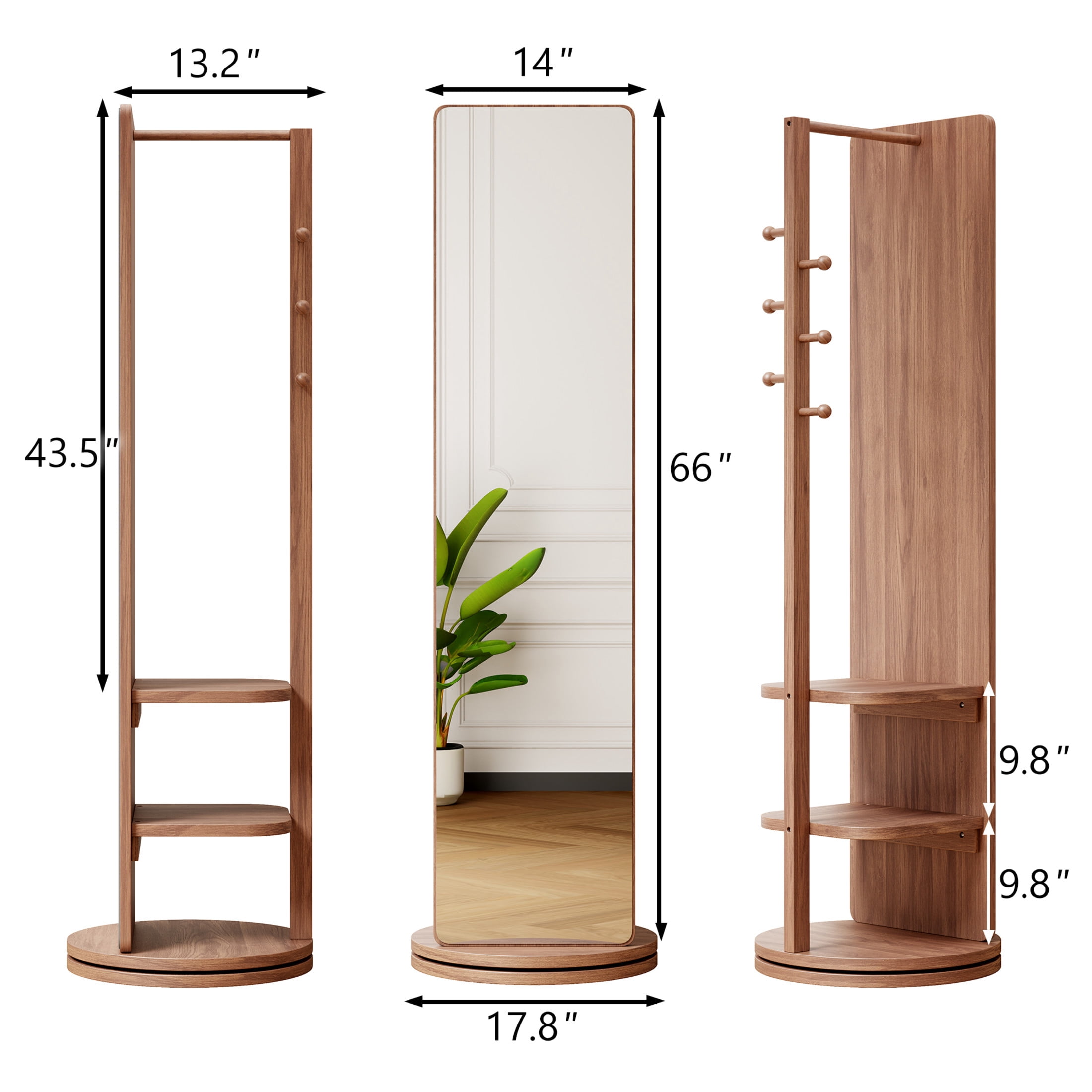 Noble House Gunther 360° Rotating Full-Length Mirror Coat Rack, Solid Rubberwood, for Small Space, Large, Walnut