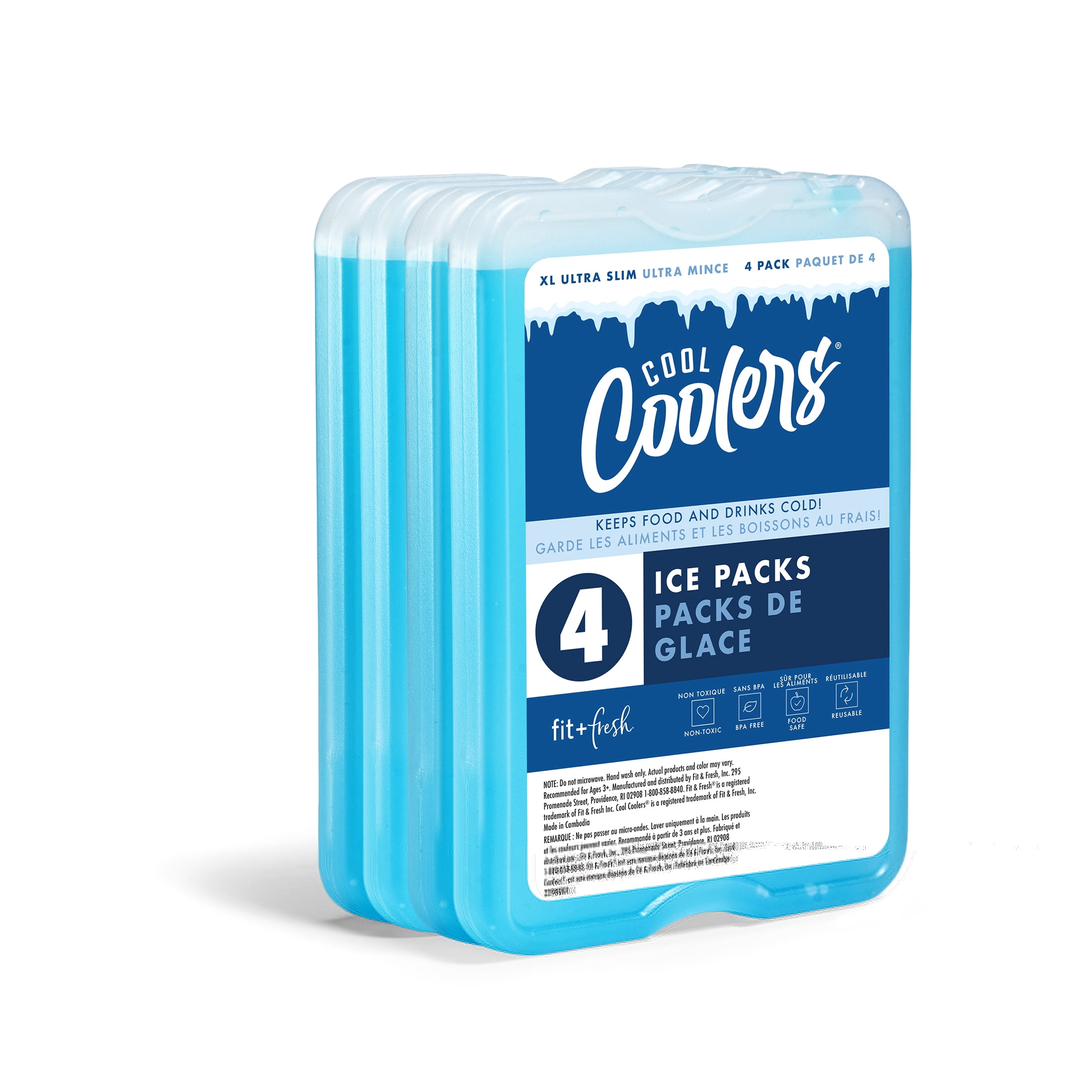 (4 pack) Cool Coolers by Fit & Fresh XL Slim Reusable Ice Packs, Space Saving Ice Packs for Lunch Boxes & Coolers, 4 Pack, Clear Blue