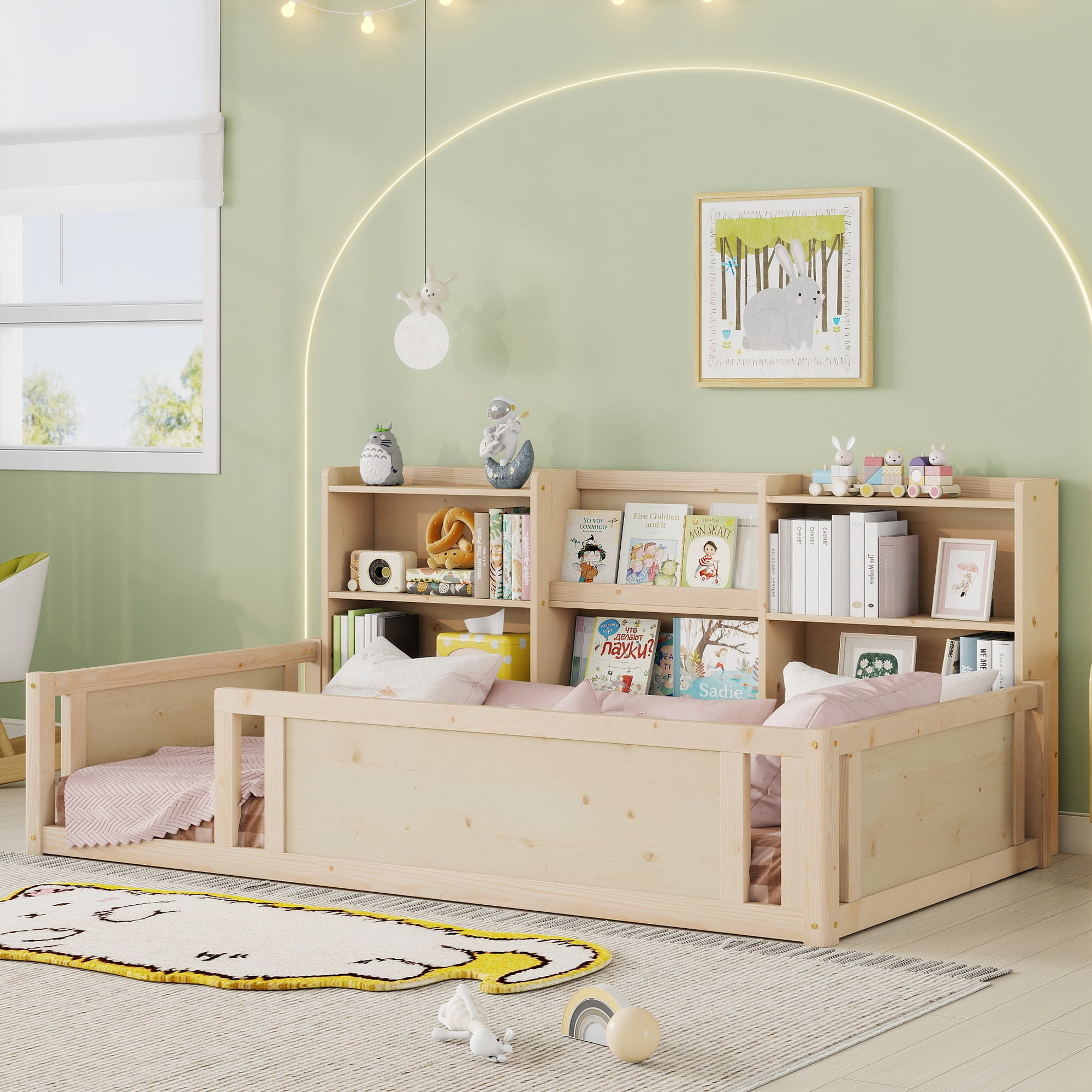 Mintazer Twin Size Montessori Floor Bed with Bookcase Headboard & Guardrails, Kids Platform Bed Frame with 6 Cubby Storage Shelves for Bedroom, Natural