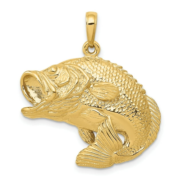 Pendentif Charme Sautant Bar Poisson en Or Jaune 14k Finition Texturée Polie