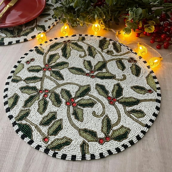 Set of 6, Christmas holly berry, beaded placemat, 14 inch, gifts