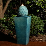 Glitzhome 35.75" Artichoke Pedestal Ceramic Fountain Oversized Turquoise with Pump and LED Light for Yard Garden Patio