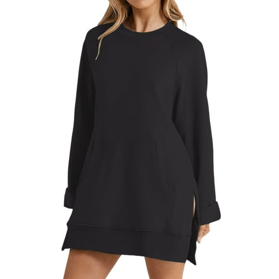 Duoif Fall Sweatshirts for Women Solid Color Round Neck Sweatshirt with Side Slit Pocket Womens Sweatshirt Black L
