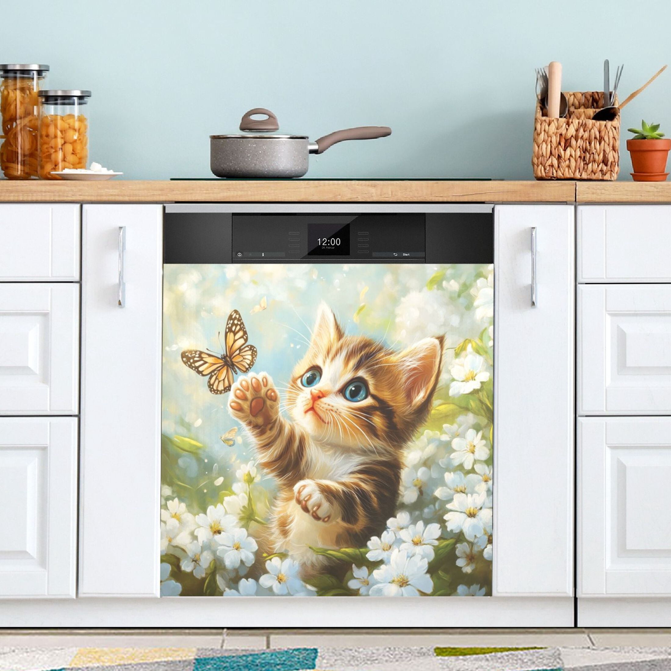 Dishwasher Magnetic Sticker 23x26 Inch Refrigerator Magnetic Sticker Washing Machine Magnetic Sticker Kitchen Panel Magnetic Sticker Home Decor Cat Butterfly Play