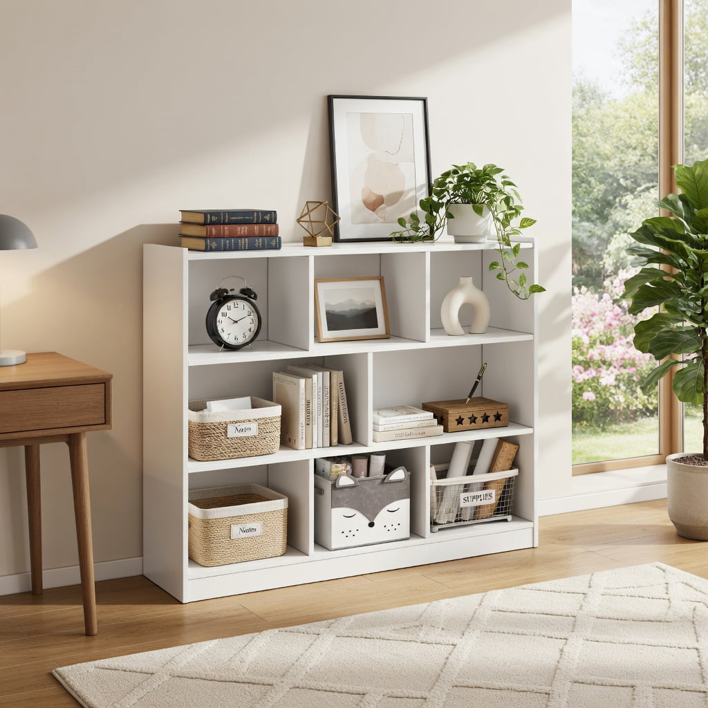 Spaco 3-Tier Open Bookcase 8-Cube Floor Standing Storage Shelves Display Cabinet-White, Tall Bookshelf, Shelves for Living Room, Home Office, Bedroom, Balcony