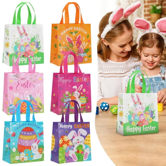 CoreLiving Non-Woven Easter Gift Bags with Handles Bunny Rabbit Design Reusable Treat Candy Tote for Egg Hunt Party Favor Supplies Bulk 1-Pack