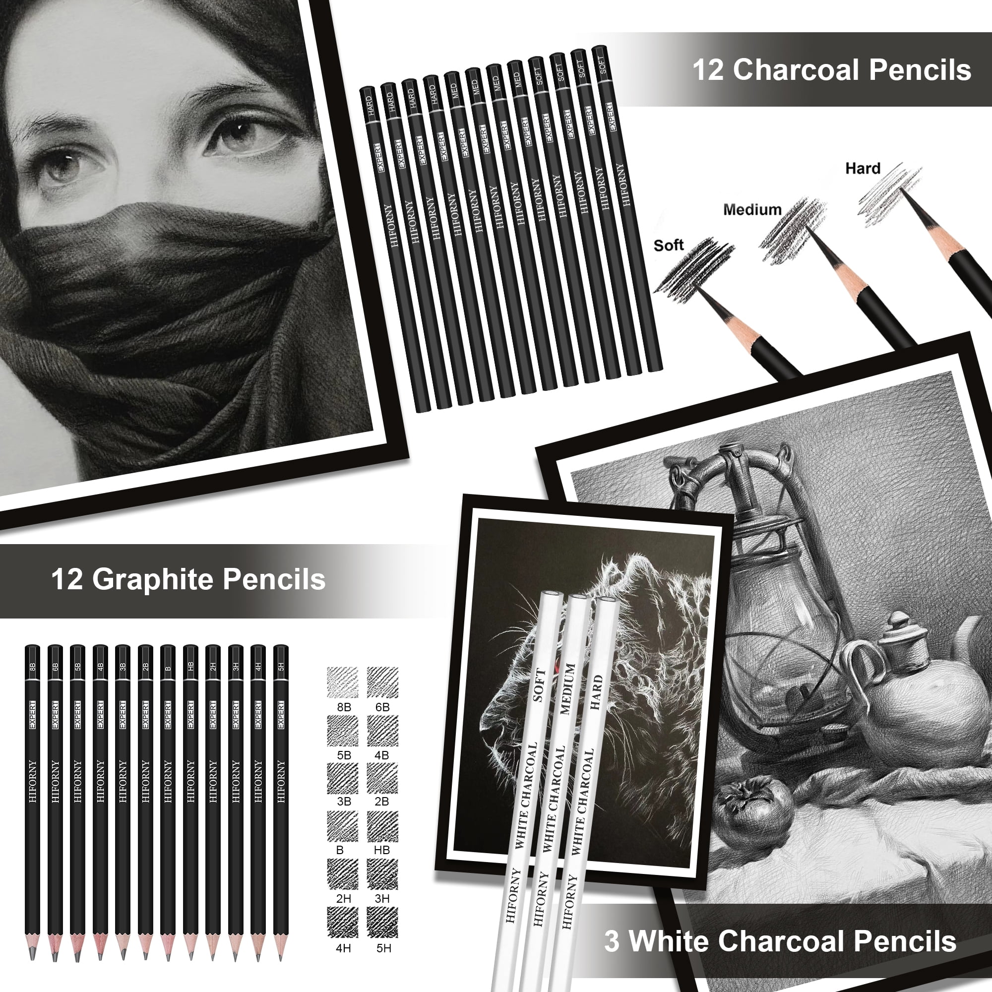 HIFORNY 100 PCS Drawing & Sketching Set, Professional Art Supplies with Graphite,Charcoal, Colored,Watercolor,Metallic Pencils,Blending Tools,Sketchbook and Coloring Book in Zipper Case（Black）