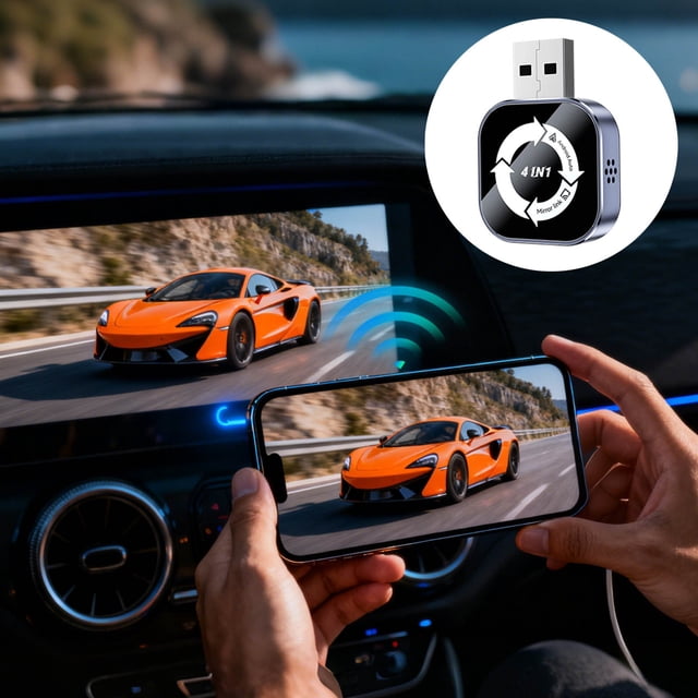4 In 1 Wireless CarPlay Adapter With Screen Mirroring Seamless Android Auto Integration Plug Play USB Type C Audio Receiver