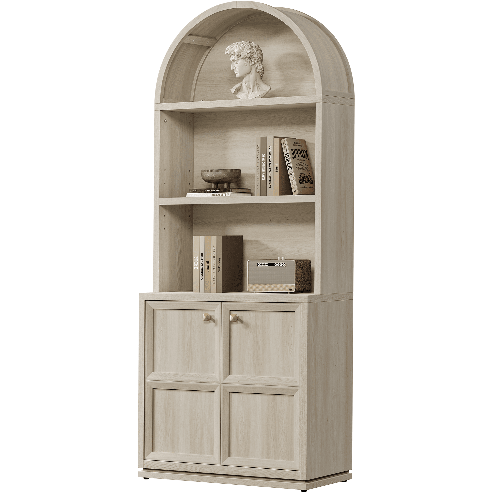 SICOTAS 81" Tall Arched Kitchen Pantry Storage Cabinet with Doors & Adjustable Shelves, Oversized 5-Tier Farmhouse Cupboard with Cable Management for Dining Room, Living Room, White Oak