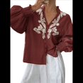 thumbnail image 1 of Camisas de Bordadas para Mujer, Blusa con Cuello en V y Mangas Abotonadas Vino Tinto L, 1 of 10