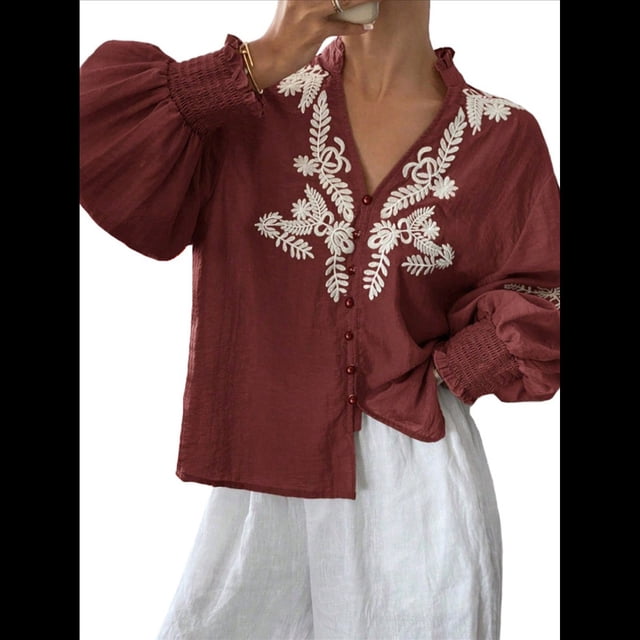 Camisas de Bordadas para Mujer, Blusa con Cuello en V y Mangas Abotonadas Vino Tinto L