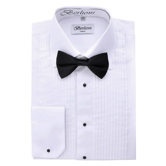 Berlioni Men's Long Sleeve Tuxedo Laydown Collar W/ Bow-tie Dress Shirt White
