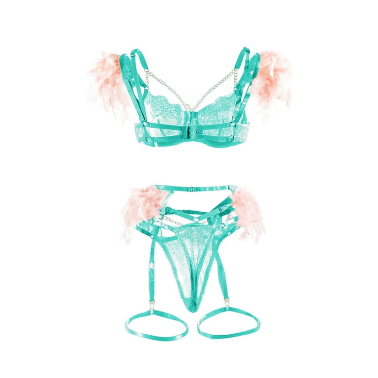 EHTMSAK Plus Size Lingerie Set S Women's Faux Leather Heart Ring Linked  Halter Triangle Bra Thong Two Piece Lingerie Set Strappy Feather Lace with  Garter 3 Piece Cyan Lingerie 