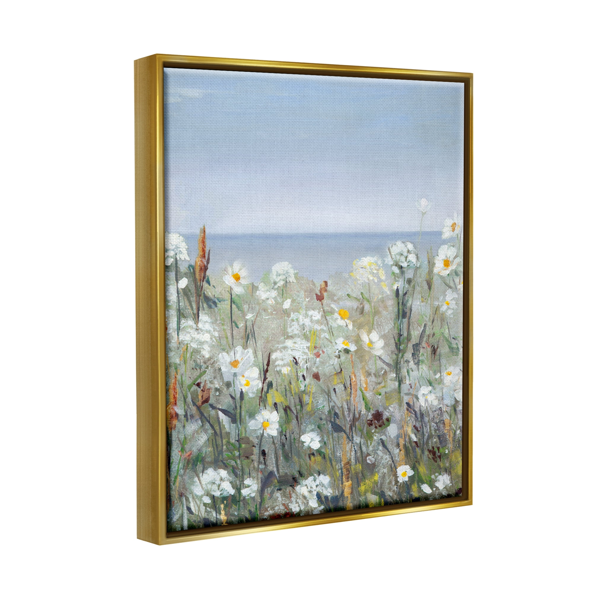 Stupell Industries Pleasant Summer Flower Field Distant Beach Shore Painting Metallic Gold Floating Framed Canvas Print Wall Art, Design by Sally Swatland