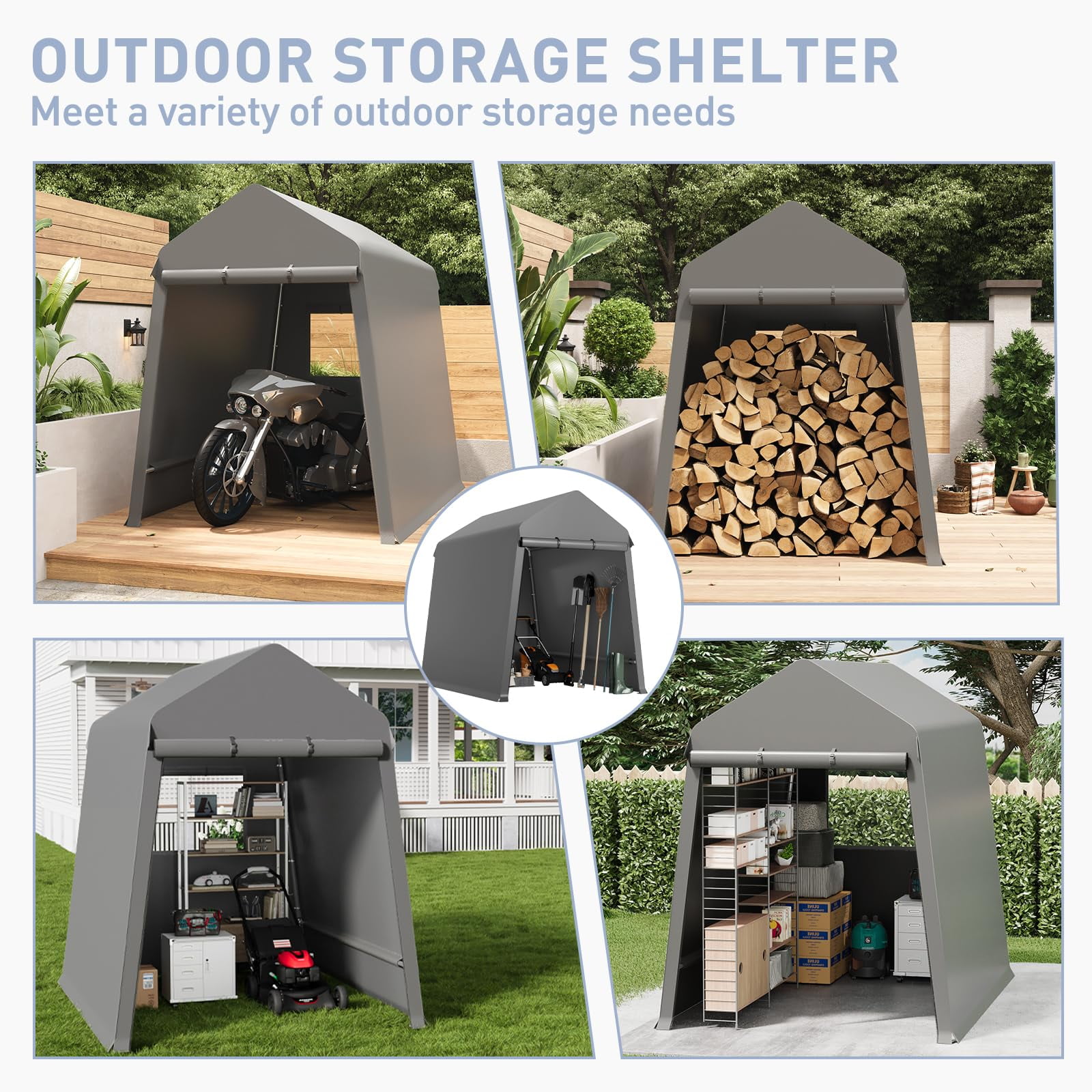 2024 Summer New Heavy Duty Outdoor Shed,Portable Storage Shed,with 2 Rolled Up Zipper Doors,Vents Carports & Waterproof Cover Temporary Shelter for Motorcycle,Gardening Tools and Generator