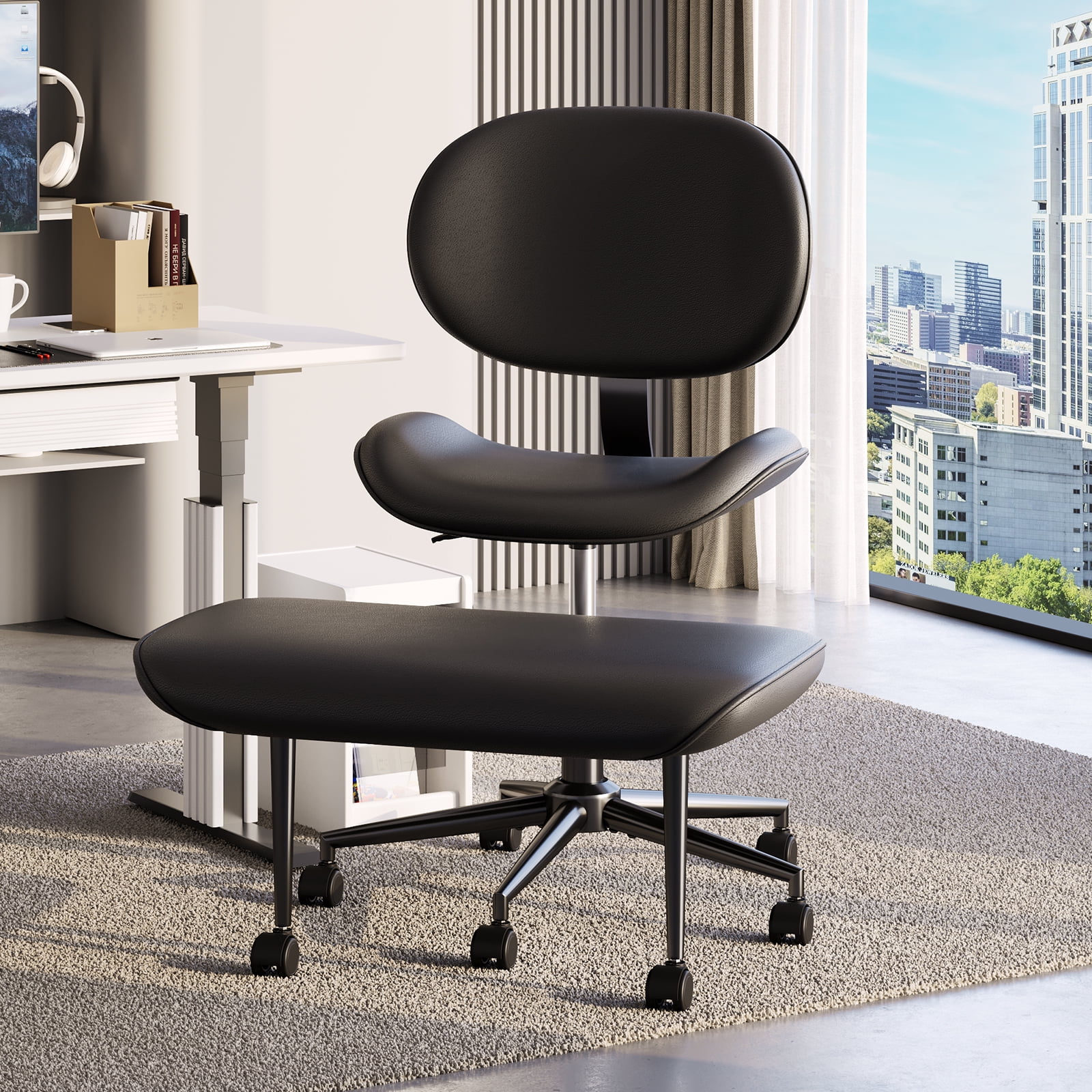 Pinmoco Extra Wide Armless Office Chair for Cross Legged Sitting, Ergonomic Swivel Desk Chair with Faux Leather, Comfy Task Chair for Home Office, Gaming & Meditation, Black