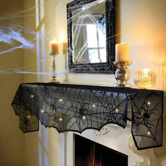 HTOOQ Halloween Lace Spiderweb Fireplace Mantle, 8.4 Feet String Lights for Halloween Home Party Décor Fireplace Mantle+string Lights -