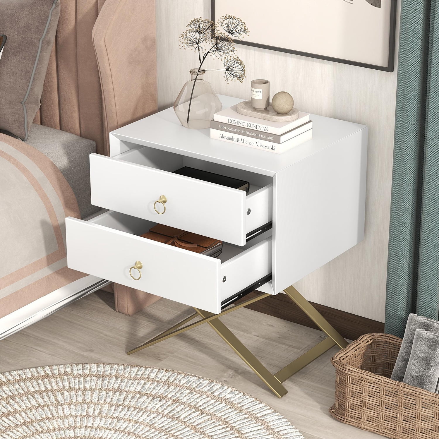 Kepooman Nightstand with 2 Drawers & Golden Handle, Storage Bedside Table, White Kepooman Nightstand with 2 Drawers & Golden Handle, Storage Bedside Table, White