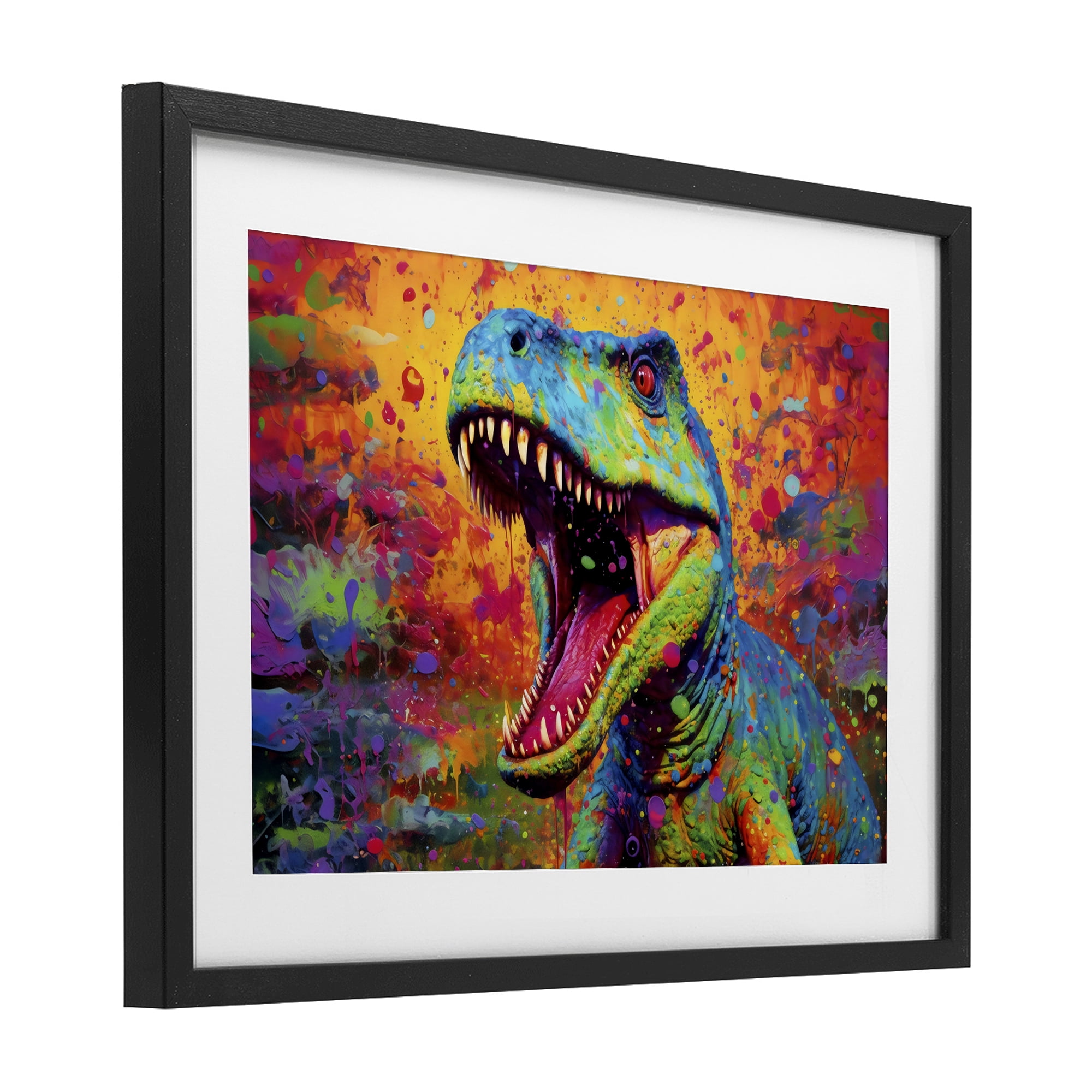 Stupell Industries Colorful T-Rex with Splatter Black Framed Print Under Glass, design by Creative Studio