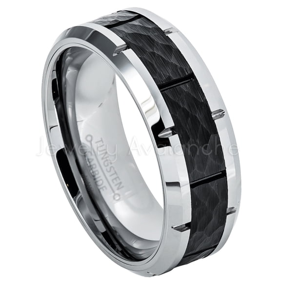 2-Tone Hammered Tungsten Wedding Band - Black IP Center Beveled Edge Tungsten Carbide Ring - TN594WAs9