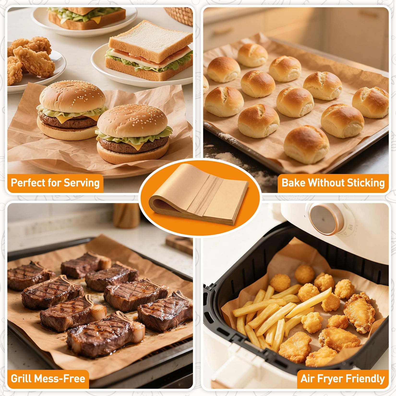 200 Count Parchment Paper Sheets – Unbleached Non-Stick Baking Sheets, Precut Baking Paper for Oven, Air Fryer, Cooking, Available in Multiple Sizes