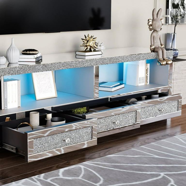 COSVALVE Modern 55.12 Silver Mirrored LED TV Stand Crushed Diamond Entertainment Center for 65 Inch TVs w 3 Drawers 2 Open Shelves