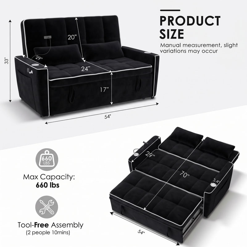 Anpport 54" 3‑in‑1 Convertible Sleeper Sofa Bed, Loveseat with White Trim, USB Charging Port, Phone Stand, 2 Cup Holders and 2 Pillows for Living Room, Bedroom and Apartment, Black
