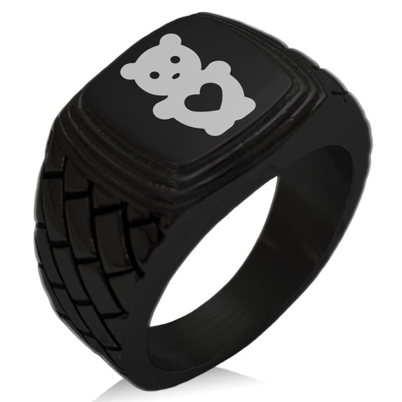 Stainless Steel Teddy Bear Love Geometric Pattern Step-Down Biker Style Polished Ring