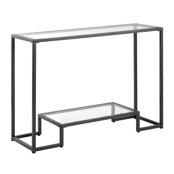 KFFKFF 2-Tier Glass Console Table with Tempered Glass Top and Sturdy Iron Legs, Modern Rectangle Design for Living Room, Hallway, Entryway, or Foyer, Includes Anti-Tip Device, Black and Gold Finish