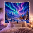 thumbnail image 2 of Northern Lights Over Snowy Mountains with a Cozy Cabin, Mystical Fantasy for Nature Lovers, Winter Landscape Art Christmas Gift Tapestry Wall Hanging for Bedroom and Living Room, 2 of 7