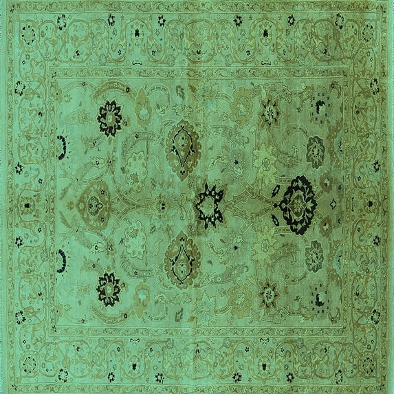 Ahgly Company Machine Washable Indoor Square Oriental Turquoise Blue Industrial Area Rugs, 4' Square
