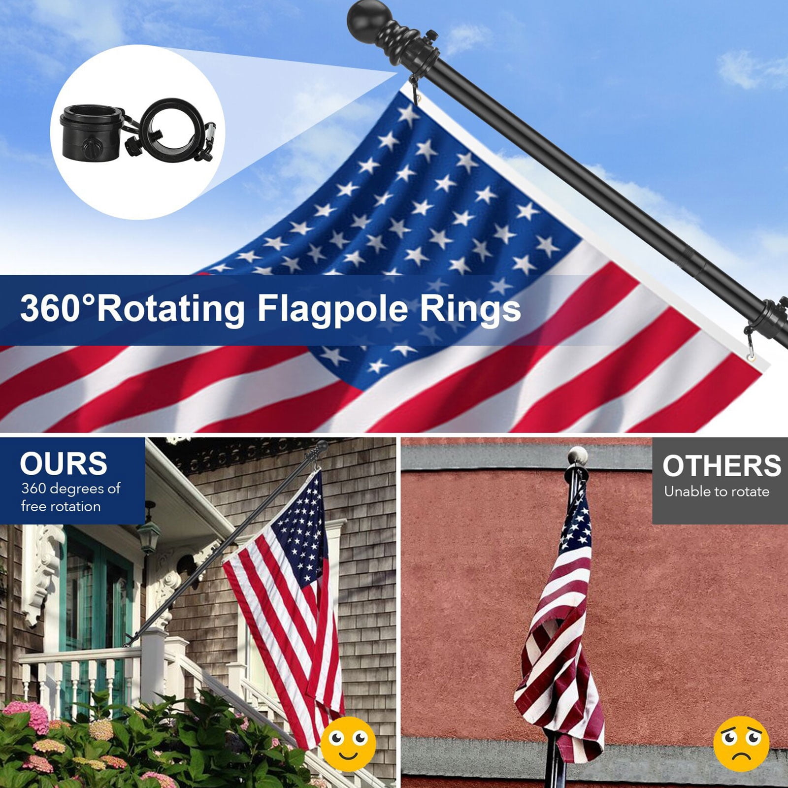 WORGEOUS 2 Sets  of Outdoor Flag Poles Anti-winding Free Rotation Flagpoles Metal Flagpoles