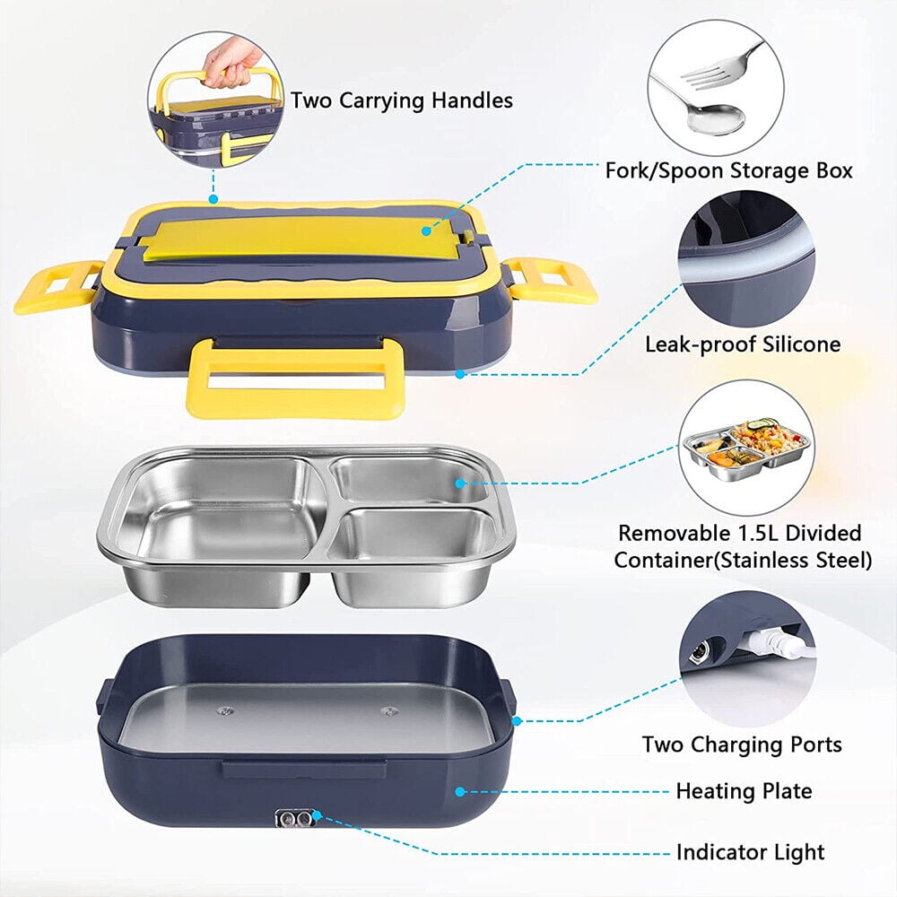 40W Electric Lunch Box, Heated Lunch Box for Adults Food Warmer Lunch Box Without Water Injection 1.5L Removable 304 Stainless Steel Container with Fork & Spoon for Office Car