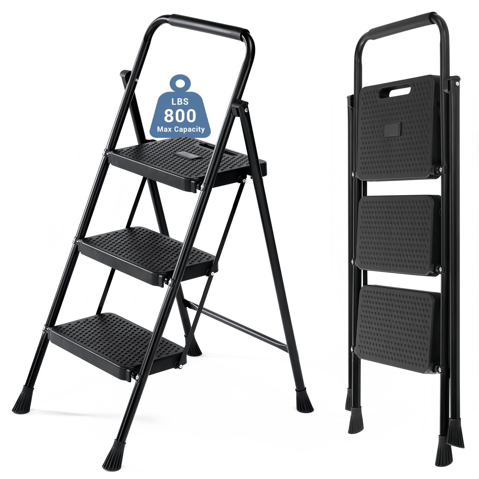 Kelno 3 Step Ladder 800Lbs Capacity Folding Step Stool with Anti Slip Pedals Safety Handrail, Pure Black