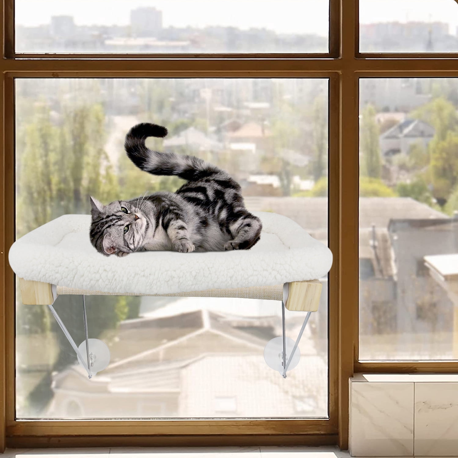 Upgraded Cat Window Perch for Indoor Cats, Cat Window Hammock with Solid Wood Frame & Iron Bracket, Window Hammock Cat Bed for Large Cats & Kittens- for Sunbathing, Napping & Overlooking
