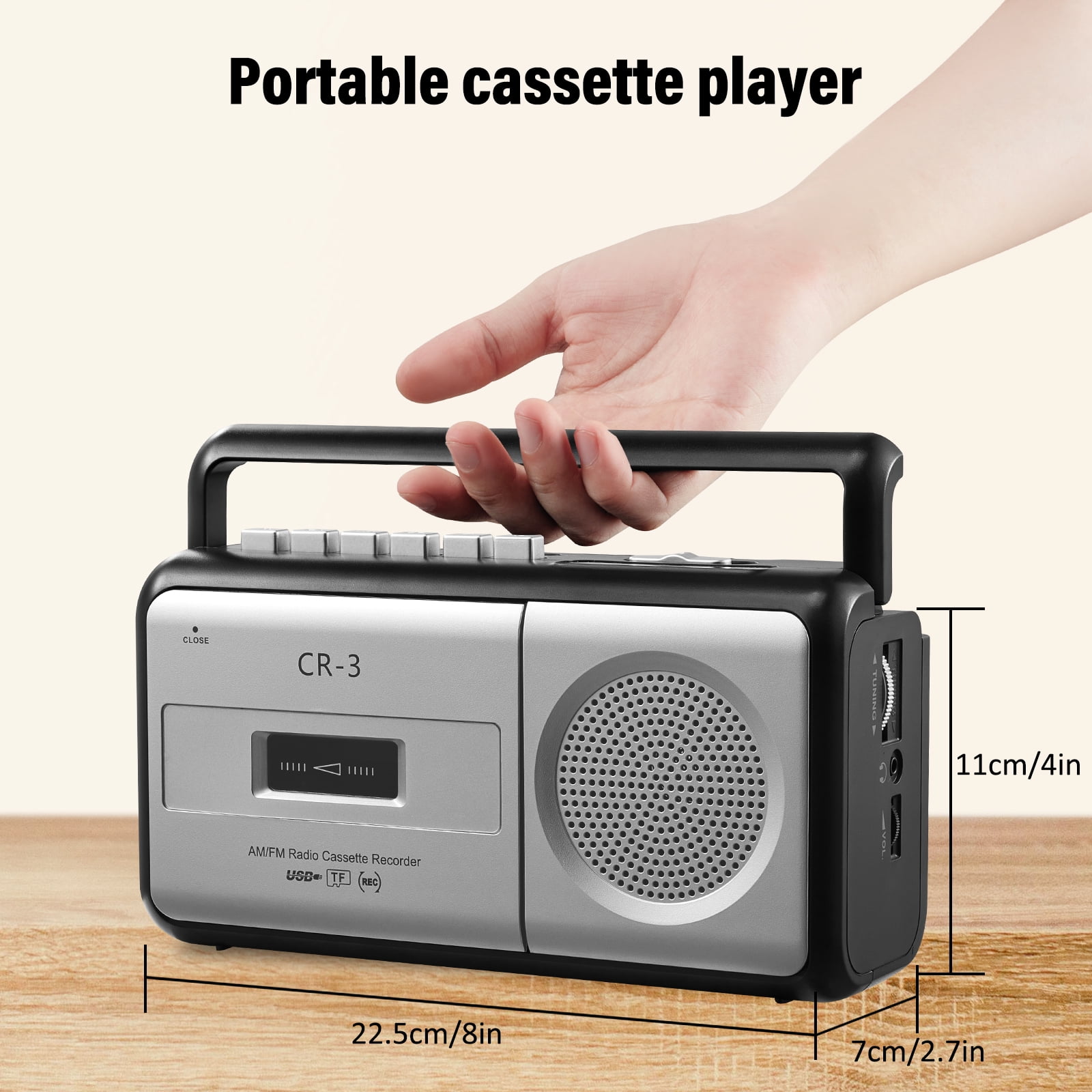 Portable Cassette Player Boombox AM/FM Radio Stereo, Casette Tape Player Recorder with Earphone Jack Battery Operated or AC Powered