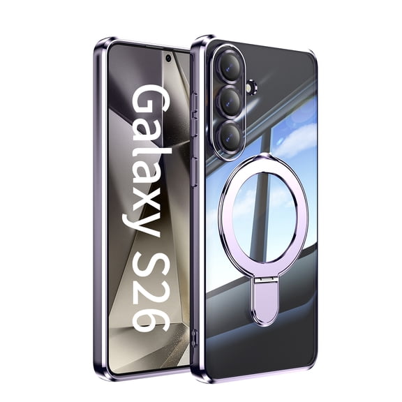 Lunvic Phone Case for Samsung Galaxy S26, Luxury Electroplated Clear TPU Cover with 360° Rotating Ring Stand Tempered Glass Lens Film Magnetic Wireless Charging, Lavender