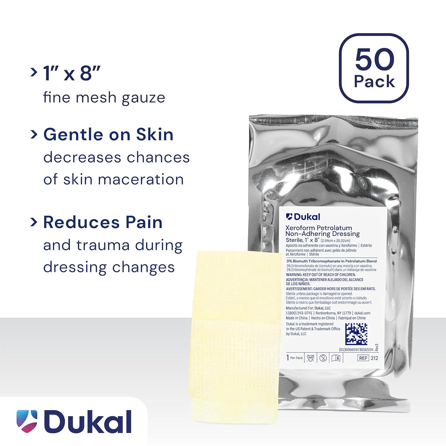 Dukal Xeroform Gauze – 1" x 8", Sterile Non-Adherent Dressing - 1 Pack (50 Count)