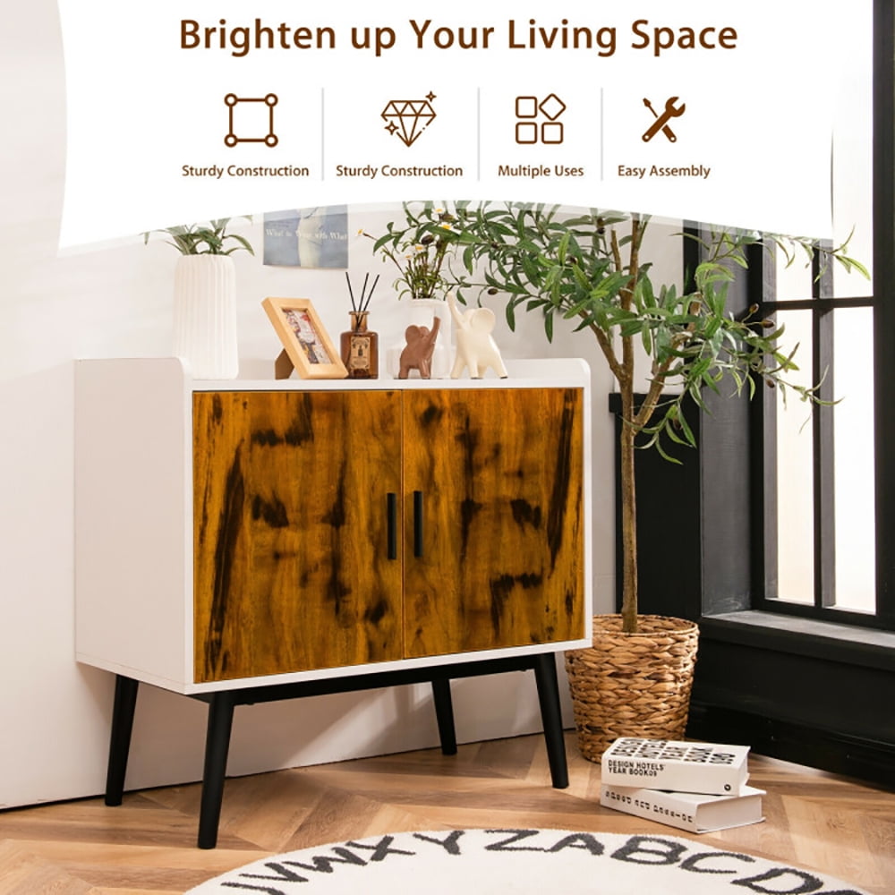 Finihen Storage Cabinet, Mid-Century Wood Storage Cabinet with 2 Doors and Metal Legss, for Entryway, Brown