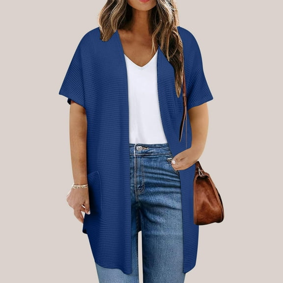 Bzhegqhd Women Solid Color Plus Size Open Spring Summer Casual Short Sleeved Front Open Top Cardigan Jacket with Pockets