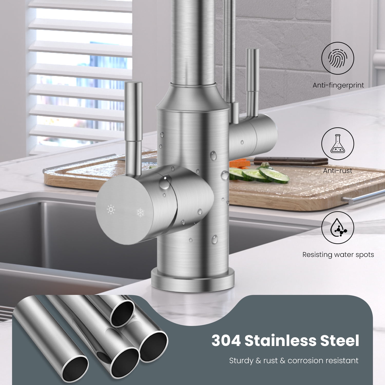 APPASO Kitchen Faucet with Water Filter, Pull Out 3 Way Sink Faucets with Sprayer, High Arch 2 Handle Faucet with Water Purifier - 3 in 1 Faucet Brushed Nickel (Without Water Filtration Device)