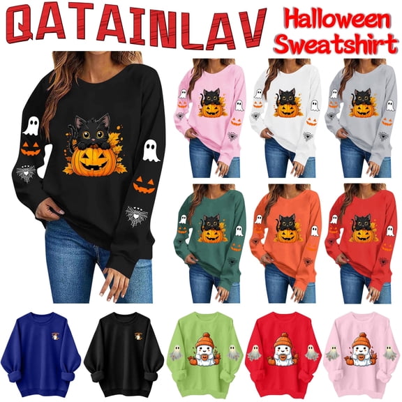 QATAINLAV Halloween Sweatshirts for Women Ghost Pumpkin Print Crewneck Tops Fall Long Sleeve Loose Fit Pullover Army Green M