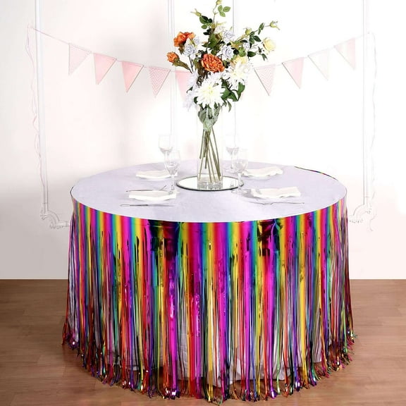 Efavormart 29"x 9FT Rainbow Metallic Foil Fringe Table Skirt, Self Adhesive Party Table Skirt for Weddings, Baby Showers, Birthdays, Classic Candy Buffets, Dessert Tables, Banquet, Party Decorations