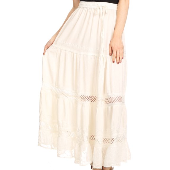 Sakkas Salina Boho Maxi Skirt with Embroidery and Crochet Lace Adjustable Waist - Ecru - XL
